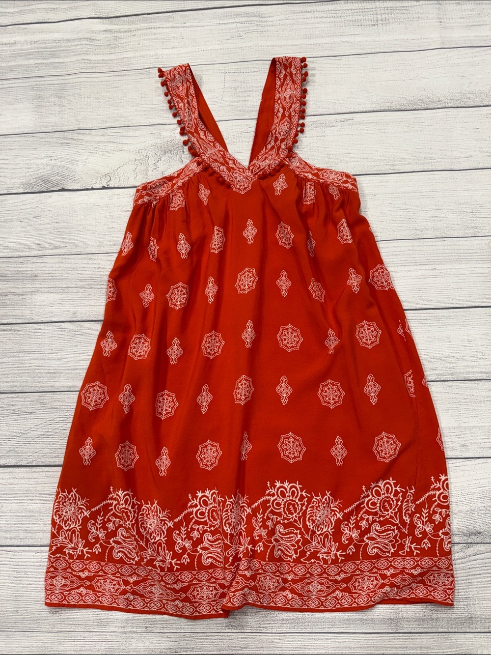 LOFT Orange Boho Print Pom Trim Cold Shoulder Dress XS